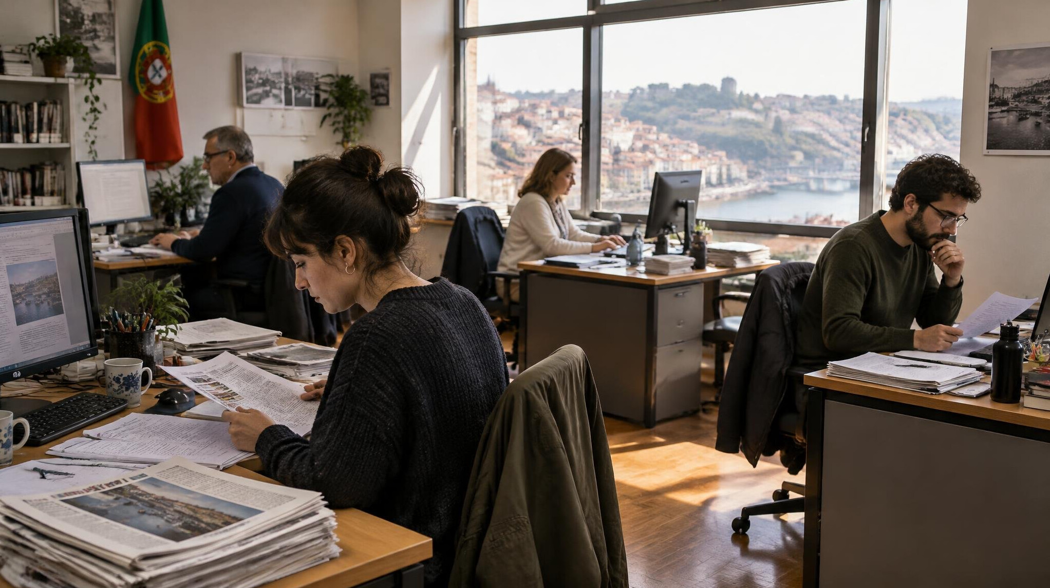 Small newsroom team working together at their desks