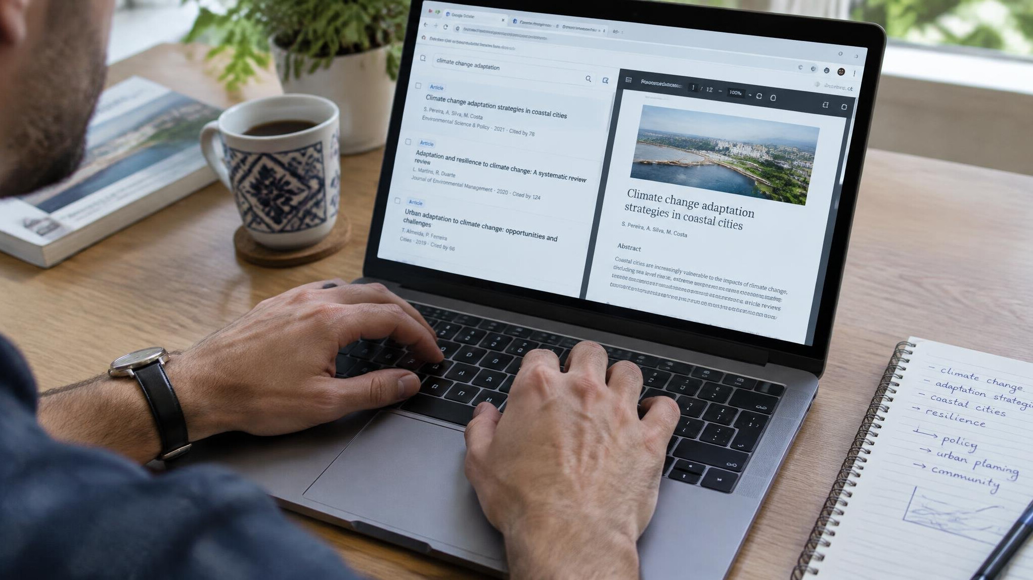 Close up of hands typing on a laptop with source citations on screen