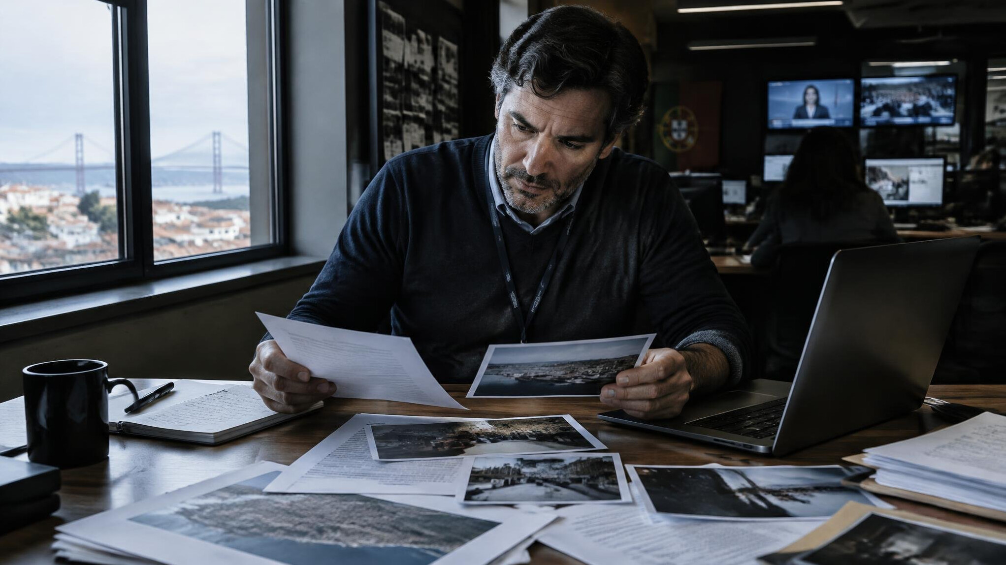 Journalist reviewing documents and evidence at a desk with a laptop