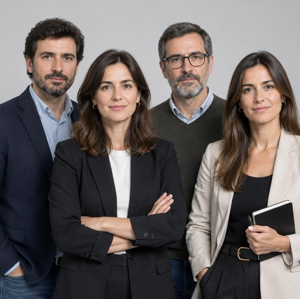 Portrait of four Portuguese journalists standing together in an office